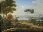 classical river landscape with figures on a path and a palace in the distance 